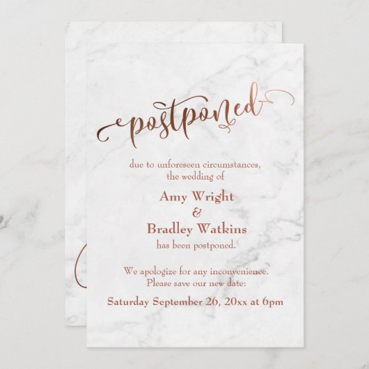 Marble Copper Typography Postponed Wedding Kaart (Voorkant / Achterkant)