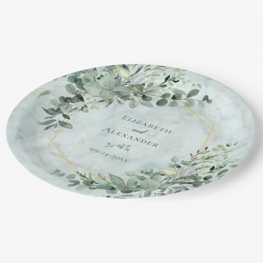 Marble Elegant Greenery Gold Geometric Wedding Papieren Bordje (Gekanteld)