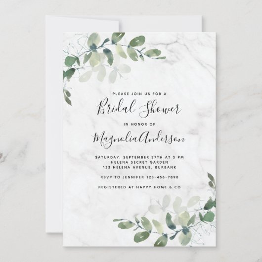 Marble Eucalyptus Bridal Shower Invitation Kaart (Voorkant)