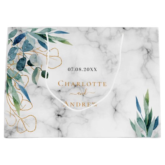 Marble eucalyptus greenery gold names bruiloft groot cadeauzakje (Voorkant)