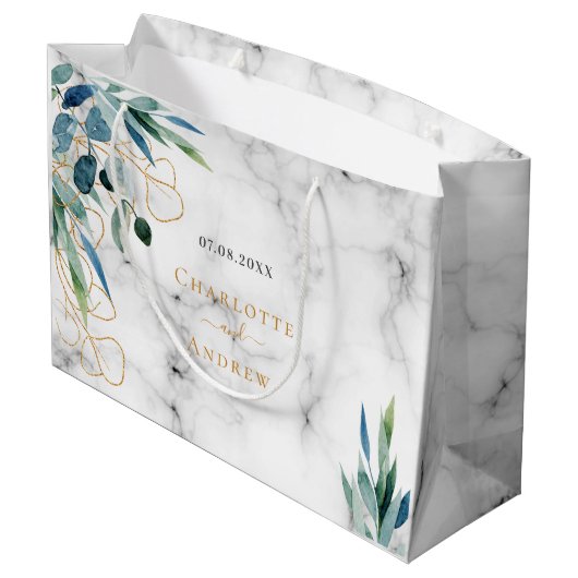 Marble eucalyptus greenery gold names bruiloft groot cadeauzakje (Achterkant Gekanteld)