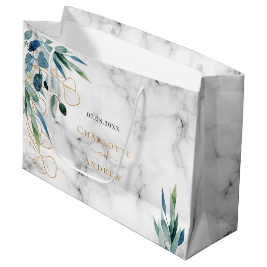 Marble eucalyptus greenery gold names bruiloft groot cadeauzakje (Voorkant Gekanteld)