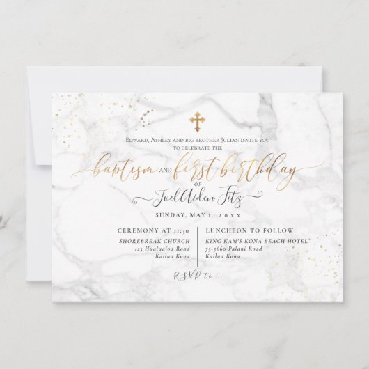 Marble Faux Gold Cross Baptisme 1e verjaardag Kaart (Voorkant)