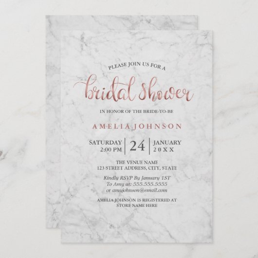 Marble Faux Roos Gold Bruids Douche Uitnodiging (Voorkant / Achterkant)