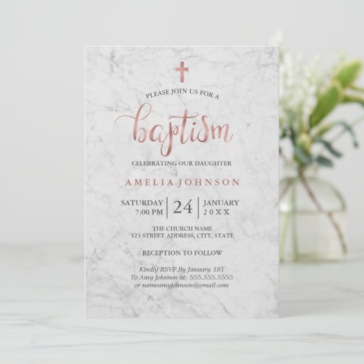 Marble Faux Roos Gold doop uitnodiging (Staand voorkant)