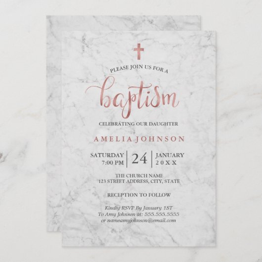 Marble Faux Roos Gold doop uitnodiging (Voorkant / Achterkant)