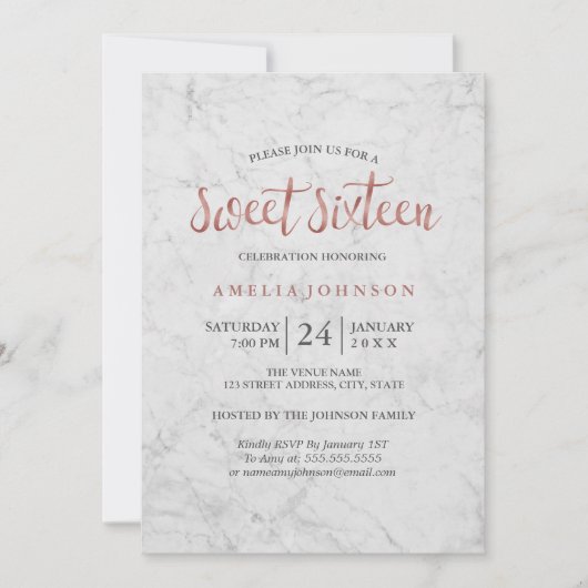 Marble Faux Roos Gold Sweet Sixteen Invitation Kaart (Voorkant)