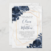 Marble Geometric Gold Blue Rozen Wedding Kaart (Voorkant / Achterkant)