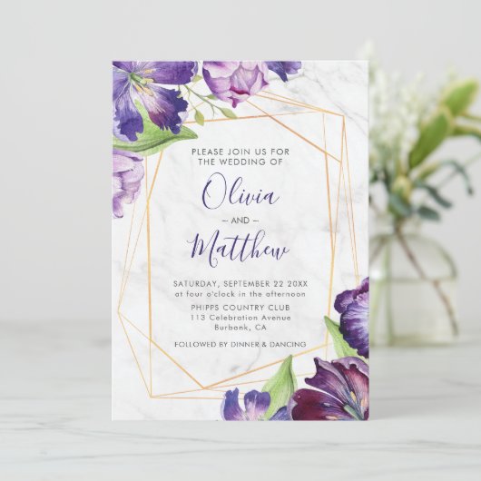 Marble Geometric Gold Paarse Tulips Weddenschap Kaart (Staand voorkant)