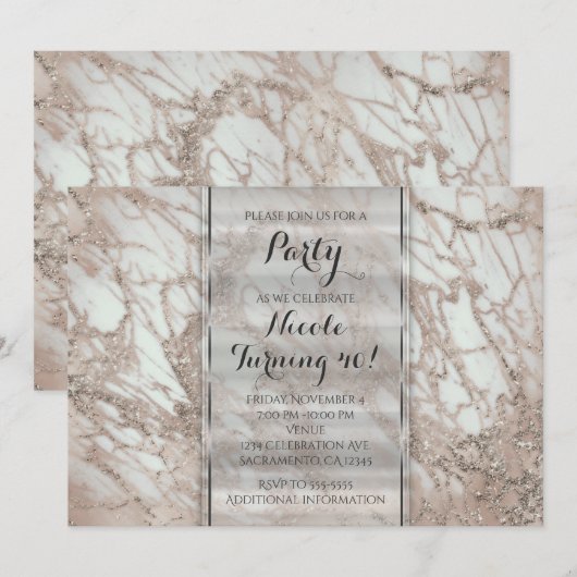 Marble Glam Roos Pink Gold Silver Party - Uitnodig Kaart (Voorkant / Achterkant)