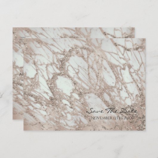 Marble Glam Roos Pink Gold Silver Save the Date Aankondigingskaart (Voorkant / Achterkant)