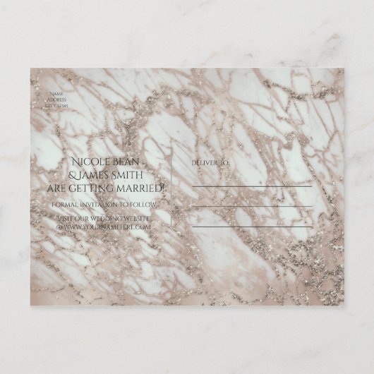 Marble Glam Roos Pink Gold Silver Save the Date Aankondigingskaart (Achterkant)