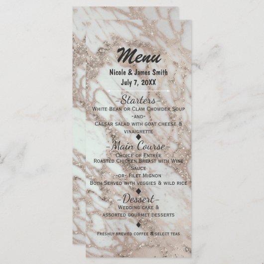 Marble Glam Roos Roze Goud Zilver Party Menu Kaart (Voorkant / Achterkant)