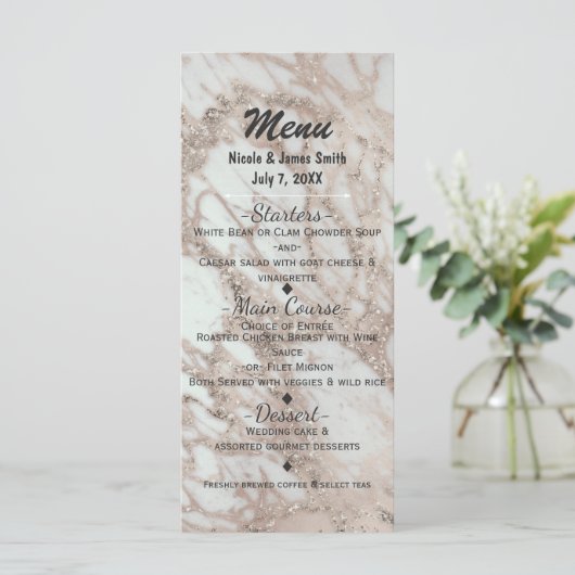 Marble Glam Roos Roze Goud Zilver Party Menu Kaart (Staand voorkant)