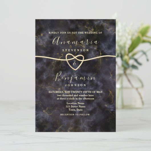 Marble Glitter Gold Black Wedding Kaart (Staand voorkant)