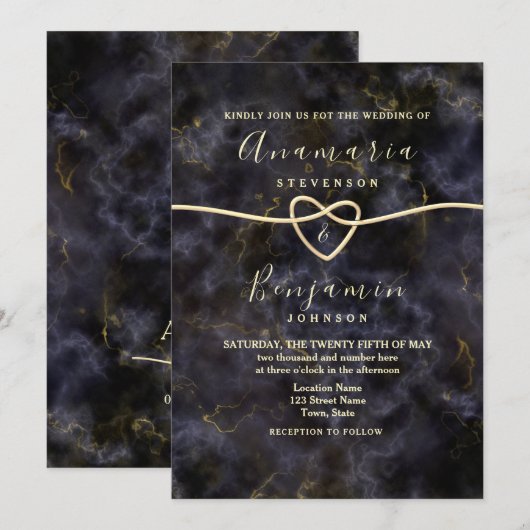 Marble Glitter Gold Black Wedding Kaart (Voorkant / Achterkant)