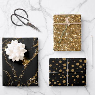Marble Glitter Polka Dots Black/Gold Inpakpapier Vel