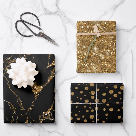 Marble Glitter Polka Dots Black/Gold Inpakpapier Vel (Voorkant)