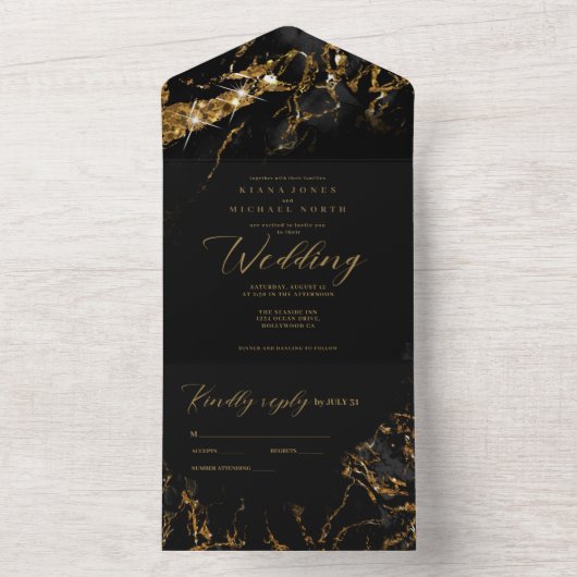 Marble Glitter Wedding Black/Gold ID644 All In One Uitnodiging (Binnen)