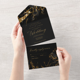 Marble Glitter Wedding Black/Gold ID644 All In One Uitnodiging