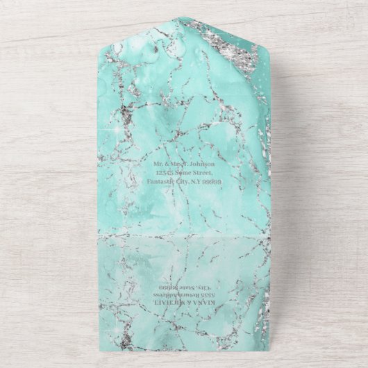 Marble Glitter Wedding Blauwgroen/Silver ID644 All In One Uitnodiging (Buitenkant)