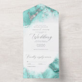 Marble Glitter Wedding Blauwgroen/Silver ID644 All In One Uitnodiging (Binnen)