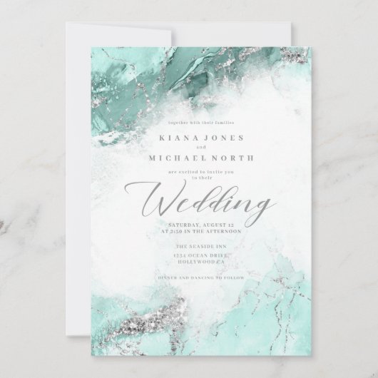 Marble Glitter Wedding Blauwgroen Silver ID644 Kaart (Voorkant)
