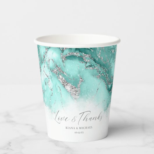 Marble Glitter Wedding Blauwgroen Silver ID644 Papieren Bekers (Achterkant)