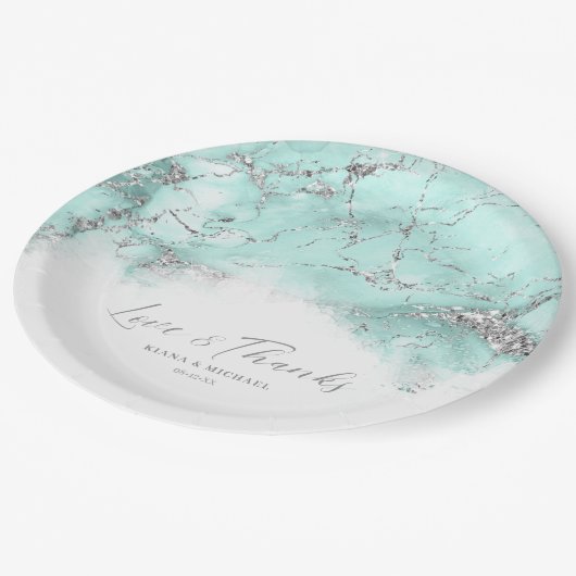 Marble Glitter Wedding Blauwgroen Silver ID644 Papieren Bordje (Gekanteld)