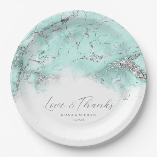 Marble Glitter Wedding Blauwgroen Silver ID644 Papieren Bordje (Voorkant)