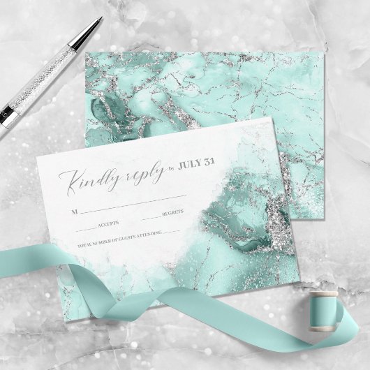 Marble Glitter Wedding Blauwgroen Silver ID644 RSVP Kaartje