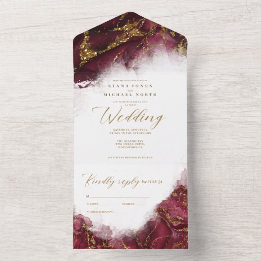 Marble Glitter Wedding Burgundy/Gold ID644 All In One Uitnodiging (Binnen)