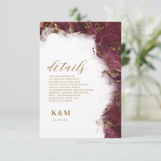 Marble Glitter Wedding Burgundy Gold ID644 Informatiekaartje (Staand voorkant)