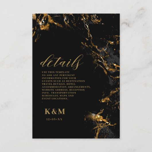 Marble Glitter Wedding Details Black Gold ID644 Informatiekaartje (Voorkant)