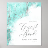 Marble Glitter Wedding Guests Blauwgroen Silver ID Poster (Voorkant)