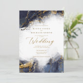 Marble Glitter Wedding Navy Blue Gold ID644 Kaart (Staand voorkant)