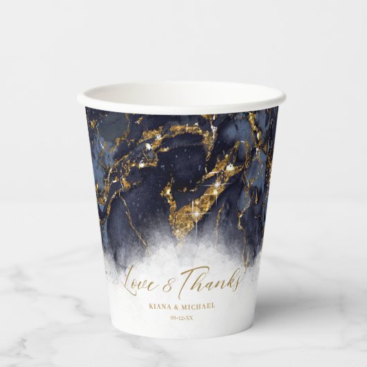 Marble Glitter Wedding Navy Blue Gold ID644 Papieren Bekers (Voorkant)