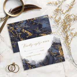 Marble Glitter Wedding Navy Blue Gold ID644 RSVP Kaartje