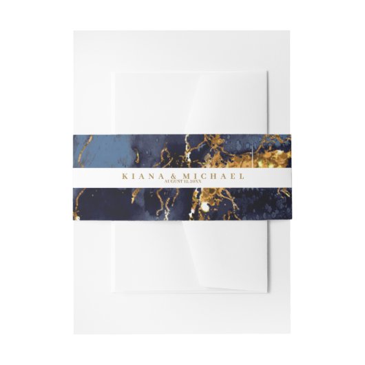 Marble Glitter Wedding Navy Blue Gold V2 ID644 Uitnodigingen Wikkel (Voorkant Voorbeeld)