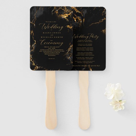 Marble Glitter Wedding Program Black Gold ID644 Handwaaier (Voorkant en achterkant)