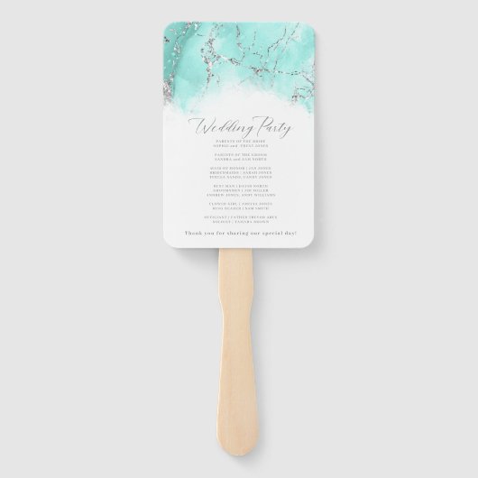 Marble Glitter Wedding Program Blauwgroen Silver I Handwaaier (Achterkant)