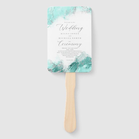 Marble Glitter Wedding Program Blauwgroen Silver I Handwaaier (Voorkant)