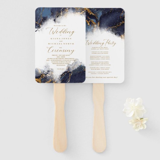 Marble Glitter Wedding Program Navy Bl Gold ID644 Handwaaier (Voorkant en achterkant)