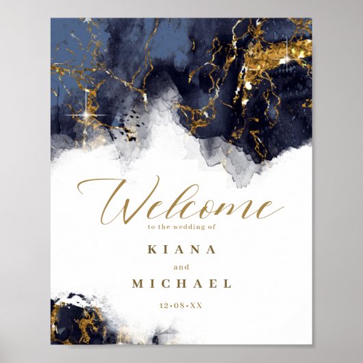 Marble Glitter Wedding Welcome Navy Blu Gold ID644 Poster (Voorkant)