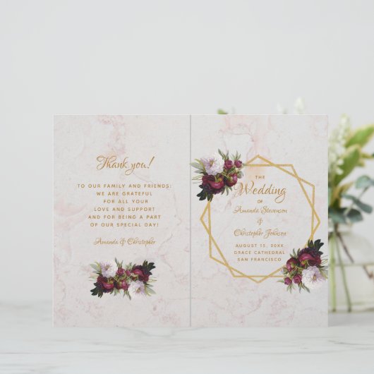 Marble Gold Burgundy White Peonies Wedding Program (Staand voorkant)