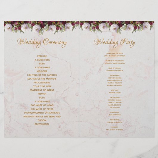 Marble Gold Burgundy White Peonies Wedding Program (Achterkant)