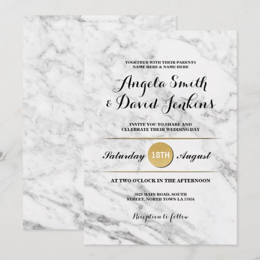 Marble Gold Elegant Wedding Art Deco 1920's Invite Kaart (Voorkant / Achterkant)