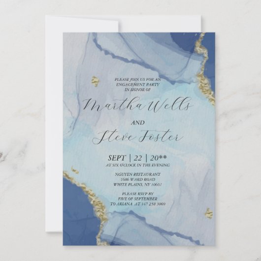 Marble Gold Glitter/Dusty Blue Engagement party Kaart (Voorkant)