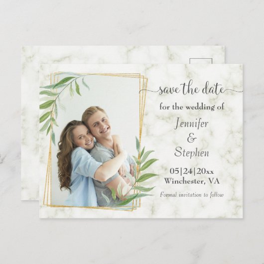 Marble Gold Lijst Photo Weddenschap Save the Date Aankondigingskaart (Voorkant / Achterkant)
