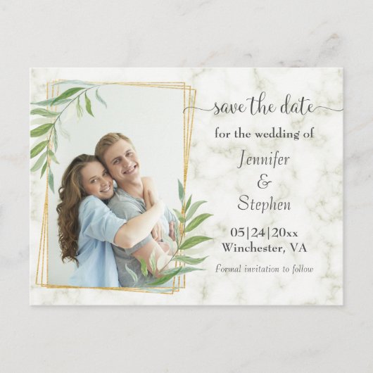 Marble Gold Lijst Photo Weddenschap Save the Date Aankondigingskaart (Voorkant)